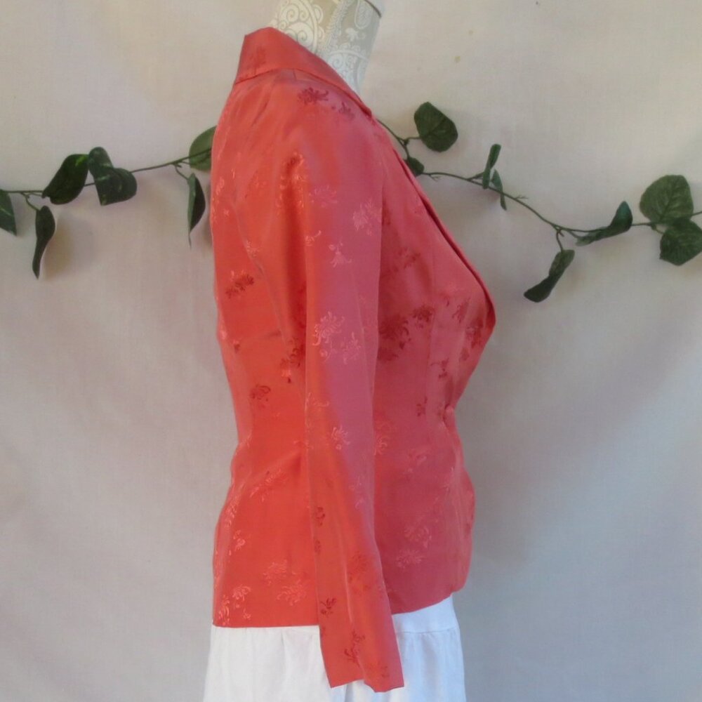 Vintage Jacket Coral Orange Fitted Dressy Asian Floral Brocade Blazer Size SP - Picture 4 of 10